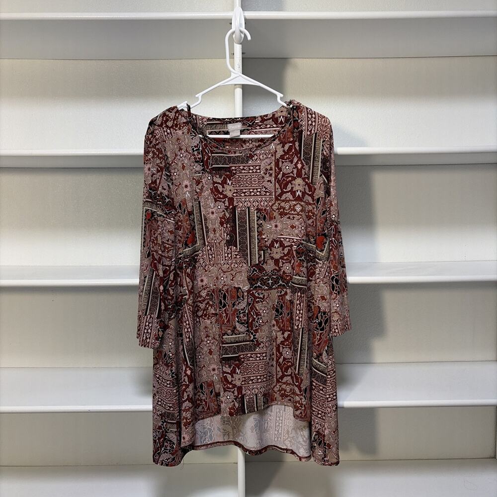Chico's 2/L Brown Floral Tunic Top Lagenlook Gold Bead Accent 3/4 sleeve Fall